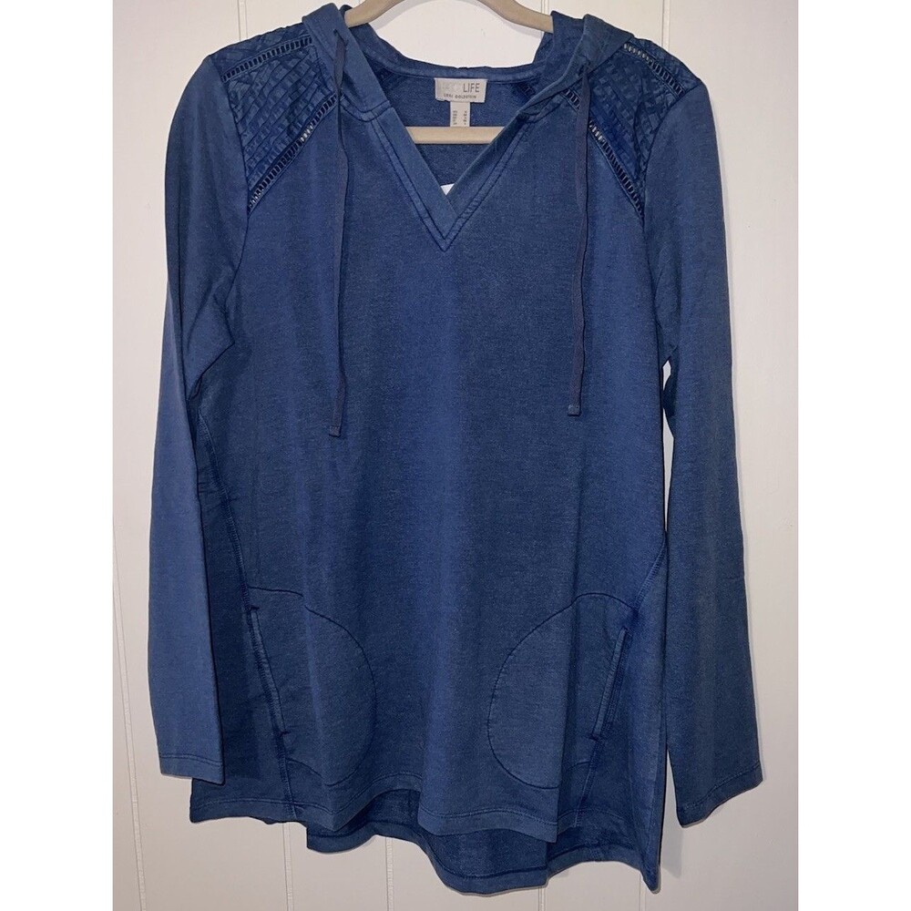 LOGO Life Lori Goldstein Hoodie Size Small Blue French Terry Pullover V-Neck